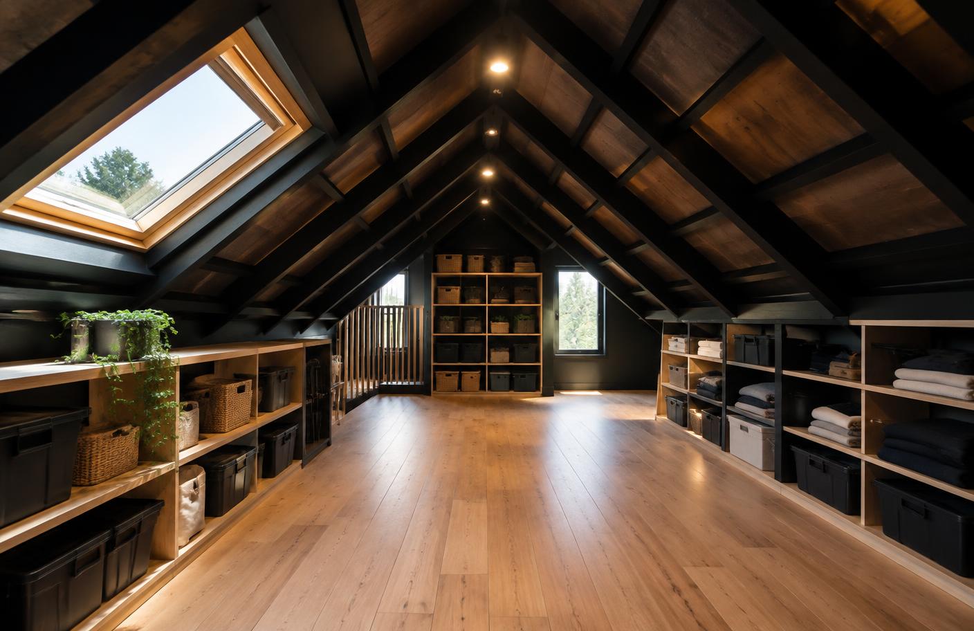Finished attic storage space with timber flooring and shelving